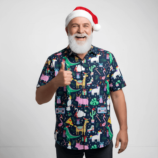 Man wearing the Jingle Jungle Christmas Shirt and Santa hat giving a thumbs up on a white background