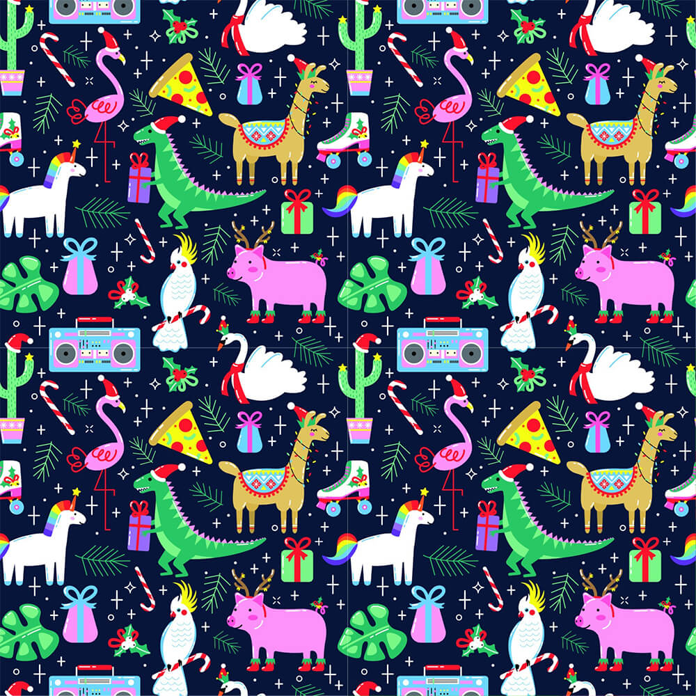 The Jingle Jungle Christmas Shirt features a vibrant seamless pattern with llamas, unicorns, flamingos, hippos, crocs, pizza slices, cassette players, gifts, and festive decorations on a dark blue background—perfect for holiday fun!.