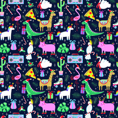 The Jingle Jungle Christmas Shirt features a vibrant seamless pattern with llamas, unicorns, flamingos, hippos, crocs, pizza slices, cassette players, gifts, and festive decorations on a dark blue background—perfect for holiday fun!.