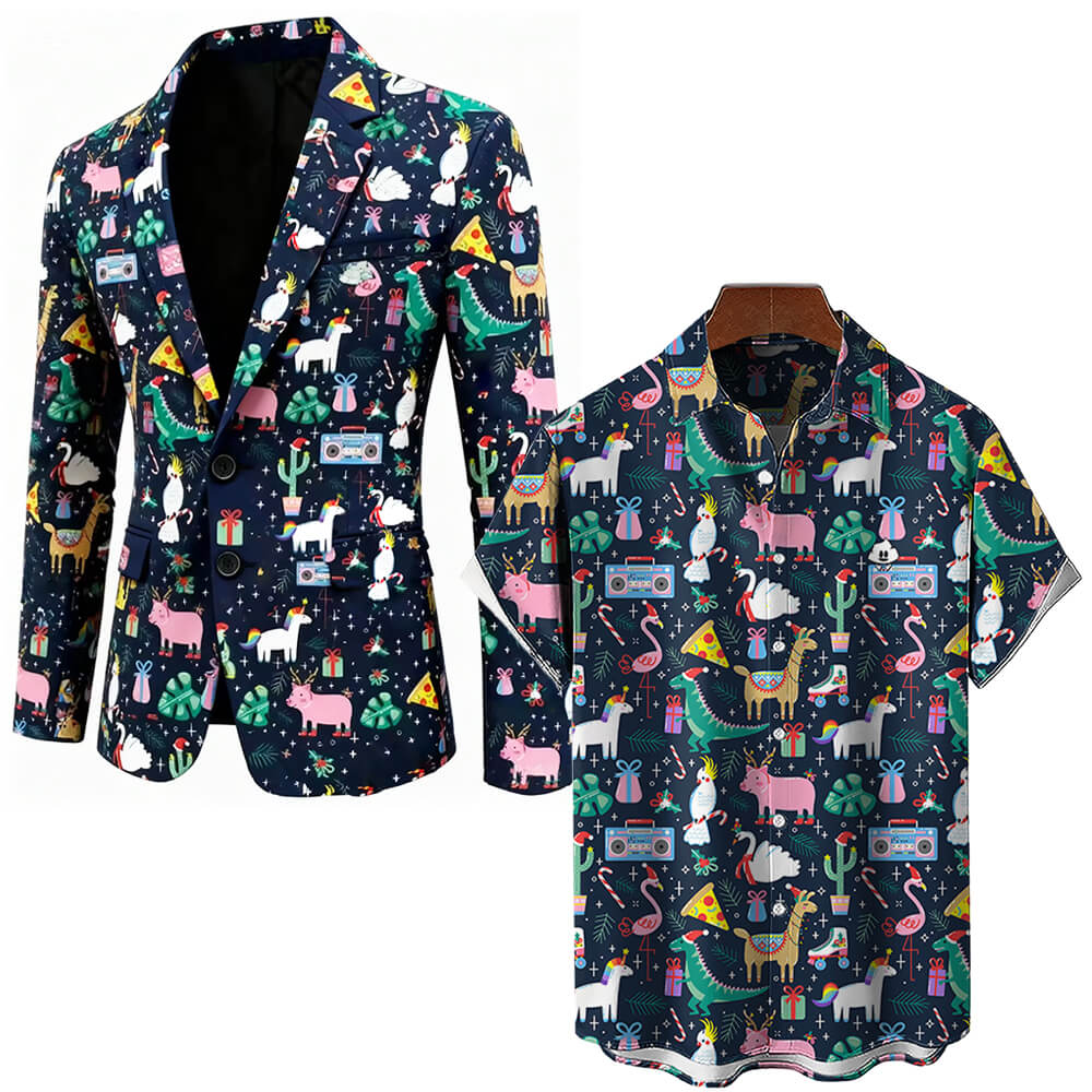 The Jungle Jingle Christmas Blazer is a vibrant suit jacket with playful cartoon prints of animals, pizza, gifts, and cassette tapes on a dark background, featuring classic buttons and lapels for festive flair.