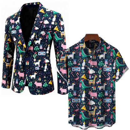 The Jungle Jingle Christmas Blazer is a vibrant suit jacket with playful cartoon prints of animals, pizza, gifts, and cassette tapes on a dark background, featuring classic buttons and lapels for festive flair.