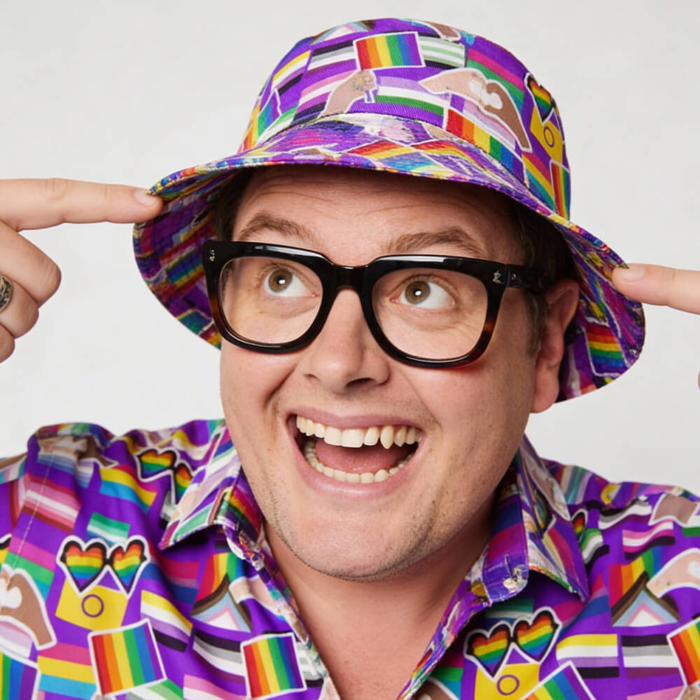 A smiling person wearing large black glasses and the LGBTQ Pride Bucket Hat points at the hat with both hands, sporting a matching rainbow pride and heart-patterned shirt against a white background.