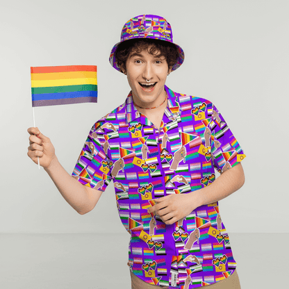 Person wearing the LGBTQ Pride Shirt and matching LGBTQ Pride Bucket Hat, holding a pride flag on a plain background
