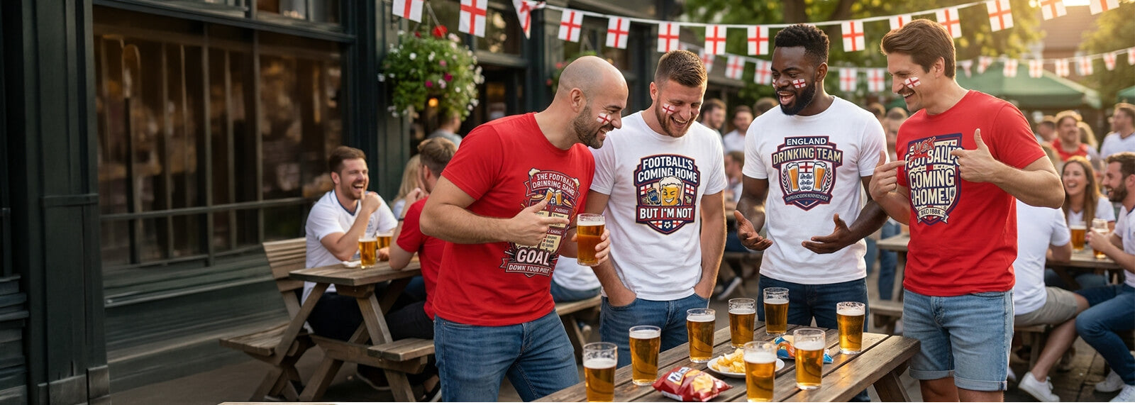 Group of men in funny england football shirts, standing around a table with drinks in an outdoor setting.