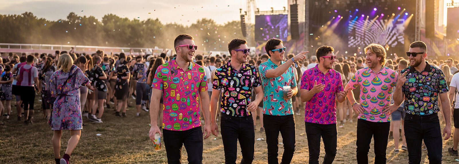 Group of men in colourful, crazy polo shirts at a music festival with a stage and crowd in the background.