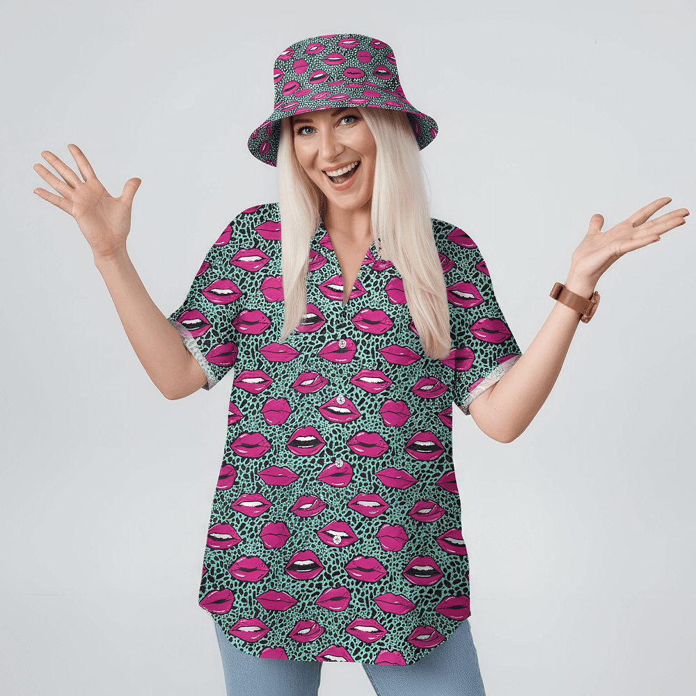 Woman wearing the Leopard Kiss Bad Shirt and matching Leopard Kiss Bucket Hat on a white background