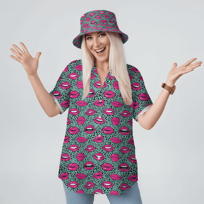 Woman wearing the Leopard Kiss Bad Shirt and matching Leopard Kiss Bucket Hat on a white background