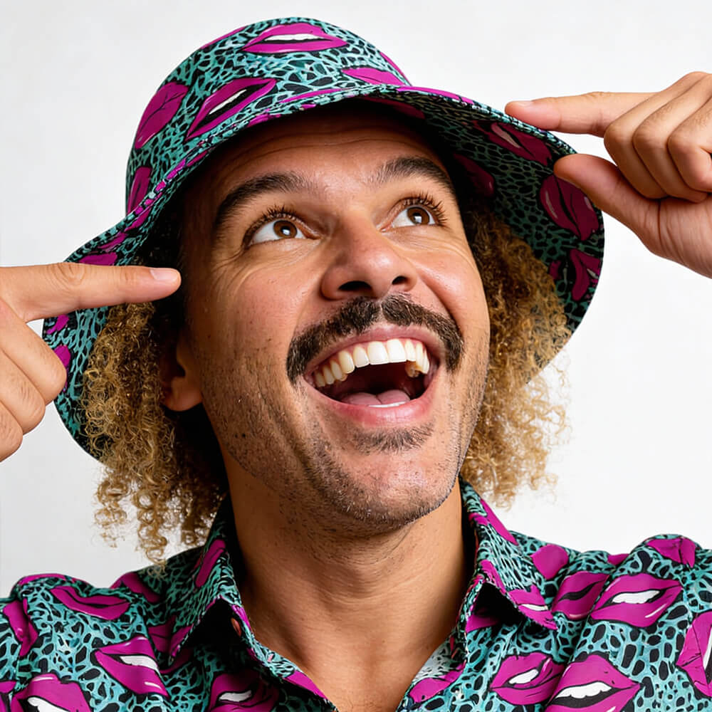 A smiling person with curly hair wears the Leopard Kiss Bad Bucket Hat, which features pink lips and teal leopard spots. They point at the hat and look upward with a joyful expression.