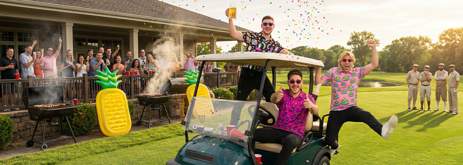 Lads wearing loud polo shirts celebrating on a golf course with confetti and a golf cart.