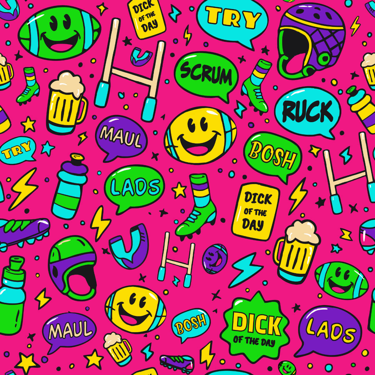 Colorful seamless pattern on pink featuring rugby-themed doodles—helmets, goalposts, socks, "TRY/SCRUM" bubbles, beer mugs—perfect for fans of the Scrum On My Face Rugby Polo Shirt or classic pink rugby tops.