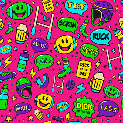 Colorful seamless pattern on pink featuring rugby-themed doodles—helmets, goalposts, socks, "TRY/SCRUM" bubbles, beer mugs—perfect for fans of the Scrum On My Face Rugby Polo Shirt or classic pink rugby tops.
