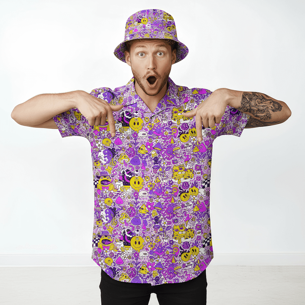 Man wearing the Magical Psychedelic Shirt and matching Magical Psychedelic Bucket Hat pointing at himself on a white background