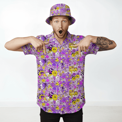 Man wearing the Magical Psychedelic Shirt and matching Magical Psychedelic Bucket Hat pointing at himself on a white background