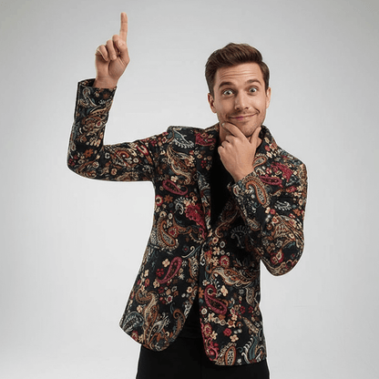 Man wearing Navy Floral Blazer on a grey background 