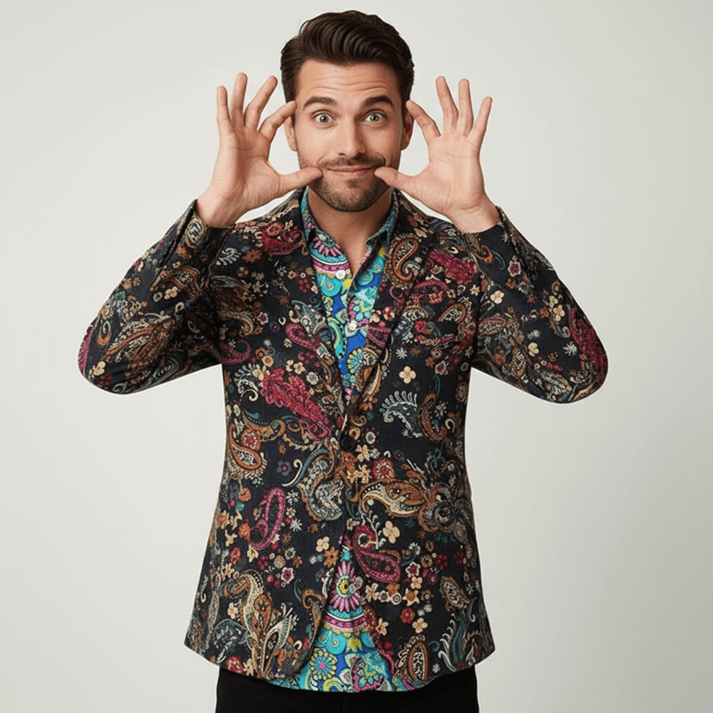 Man wearing Navy Floral Blazer over Psychedelic Explorer Shirt on a white background