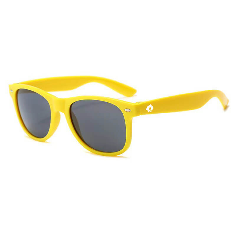 Retro Rays yellow-framed sunglasses with dark lenses are shown angled on a white background. A small white logo appears on the left arm, highlighting their classic style and built-in UV protection.