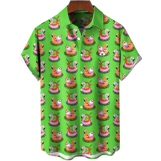 The Pool Party Xmas Shirt is a bright green, short-sleeve button-up featuring cartoon ducks on pool floats—perfect for adding funny holiday cheer and tropical vibes. Shown on a wooden hanger against a white background.