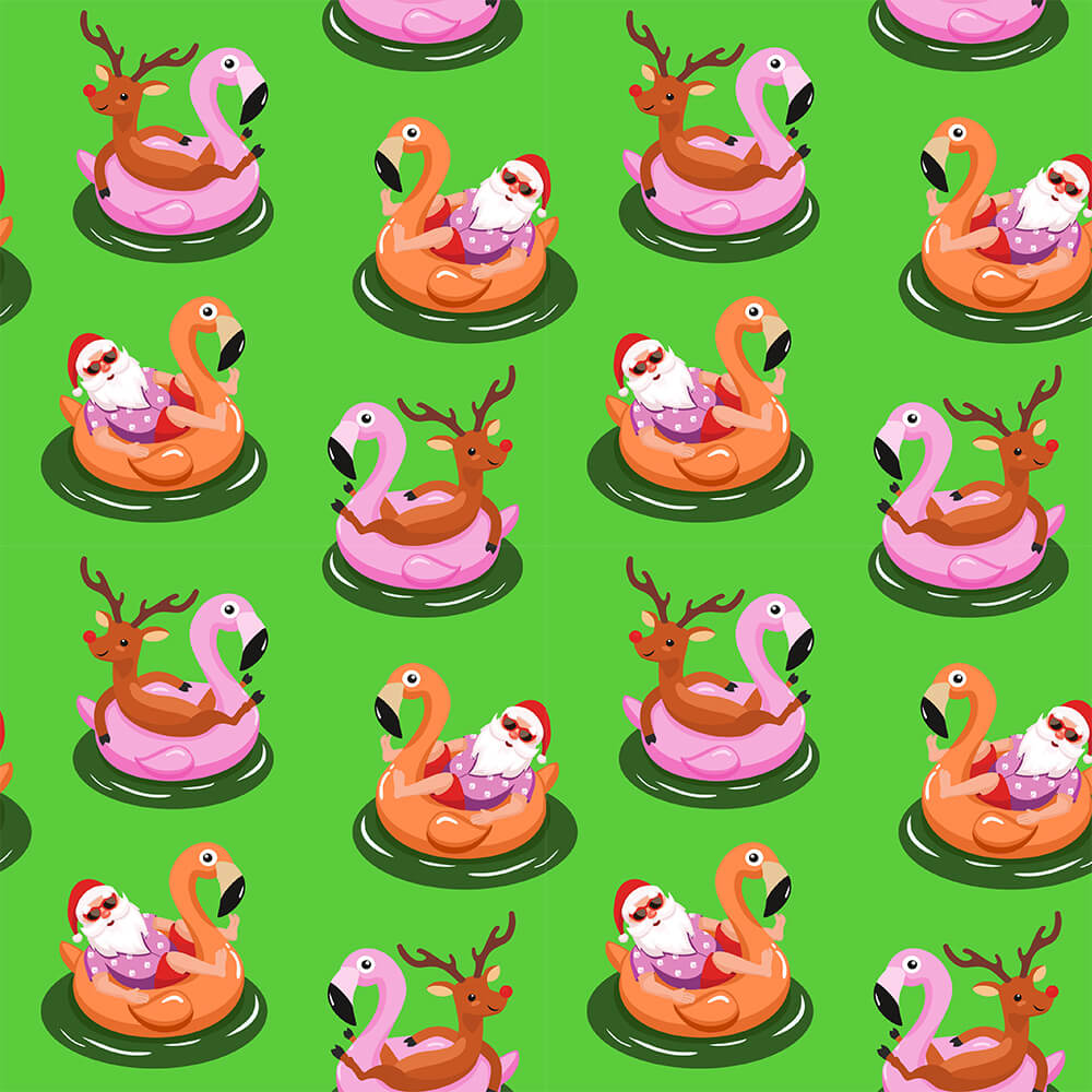 The Pool Party Xmas Shirt features a seamless pattern with Santa on an orange pool float and a reindeer in a pink flamingo float on green—perfect for anyone wanting a funny, festive summer-themed Christmas shirt.