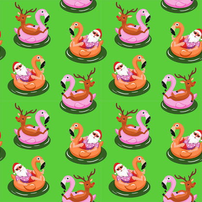 The Pool Party Xmas Shirt features a seamless pattern with Santa on an orange pool float and a reindeer in a pink flamingo float on green—perfect for anyone wanting a funny, festive summer-themed Christmas shirt.