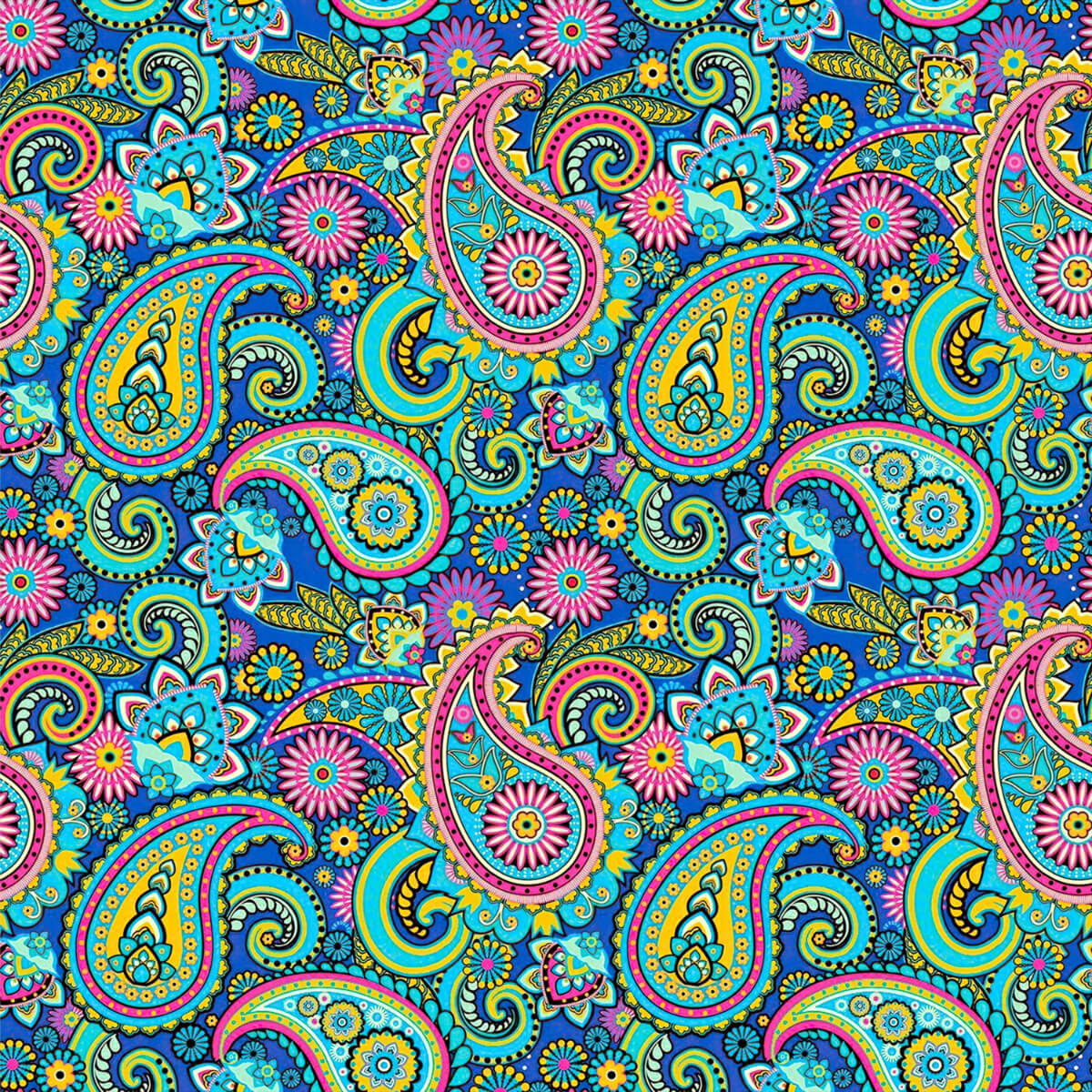 The Psychedelic Explorer Shirt features a seamless, colorful paisley pattern with swirling teardrops and intricate florals on a blue background—ideal for 60s/70s style or as a bold festival statement.