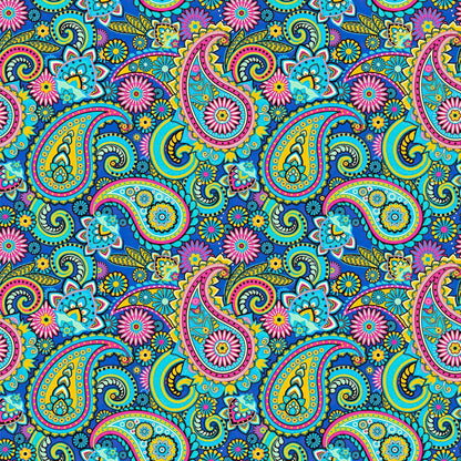 The Psychedelic Explorer Shirt features a seamless, colorful paisley pattern with swirling teardrops and intricate florals on a blue background—ideal for 60s/70s style or as a bold festival statement.