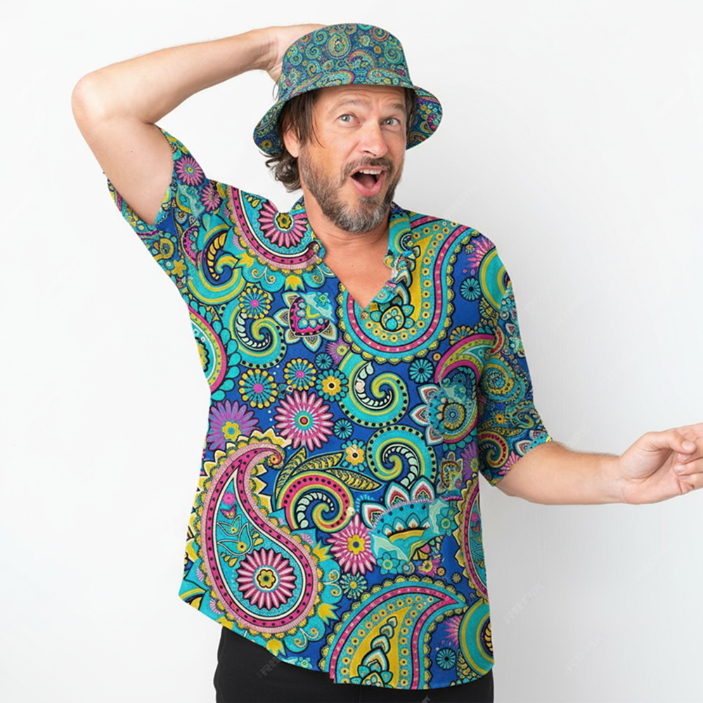 Man wearing the Psychedelic Explorer Shirt and matching Psychedelic Explorer Bucket hat against a white background