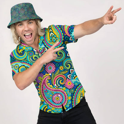 A smiling man wearing the Psychedelic Explorer Shirt and a patterned bucket hat points excitedly with both hands, standing against a plain background.