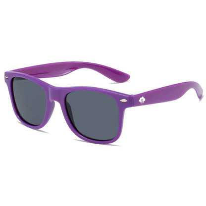 Retro Rays: Purple wayfarer sunglasses with dark lenses and a small white cartoon character logo on the temple. These retro shades feature a classic design and provide reliable UV protection.