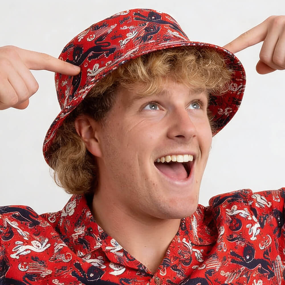 A smiling person with curly blond hair points at a Red England FC Away Bucket Hat they’re wearing, along with a matching shirt. The excited individual stands against a plain background.