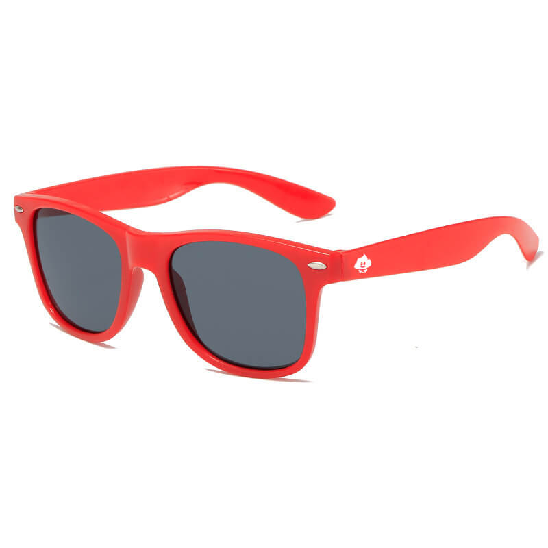 The Retro Rays are red plastic wayfarer sunglasses with black UV-protective lenses and a small white logo on the left temple arm, shown against a white background.