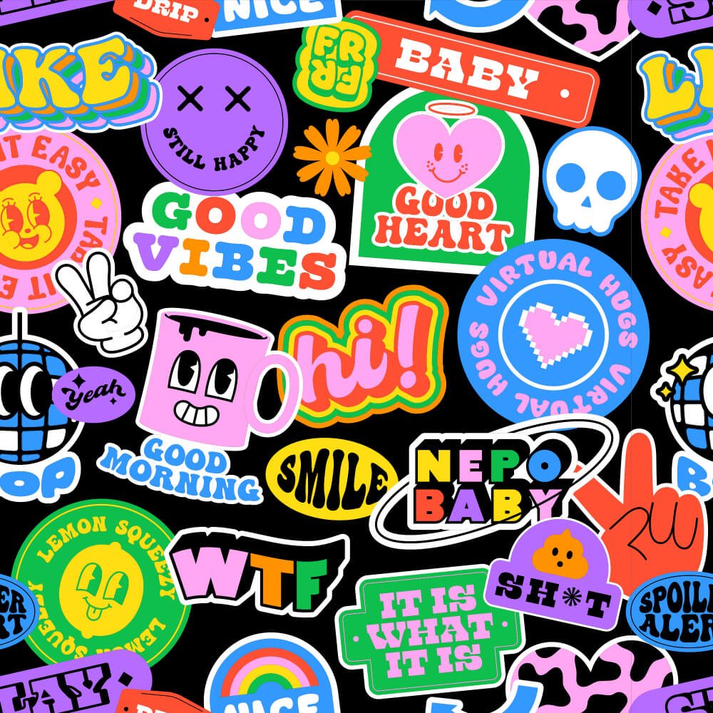 The Retro Sticker Shirt features a vibrant black background covered with playful stickers, smiley faces, hearts, skulls, peace signs, and fun phrases like “Good Vibes,” “Hi!,” and “Smile.”.