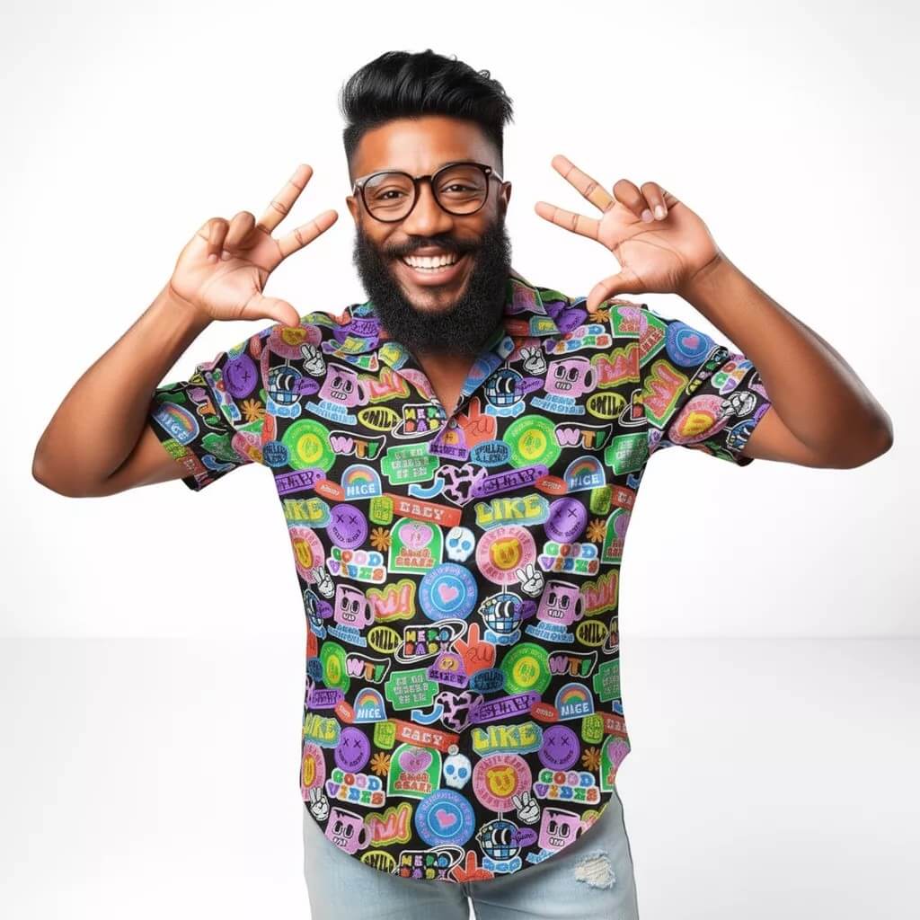 A bearded man with glasses smiles and flashes peace signs with both hands while wearing the Retro Sticker Shirt against a plain white background.