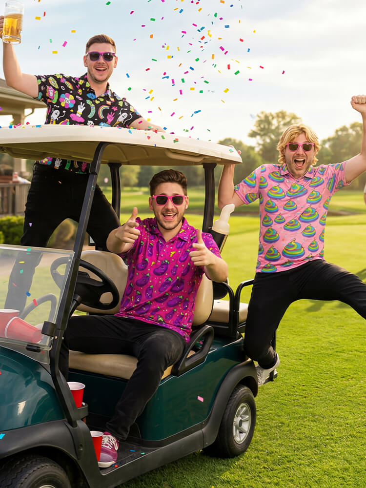 Three men in funky golf polo shirts and sunglasses celebrating with confetti in a golf cart on a golf course.