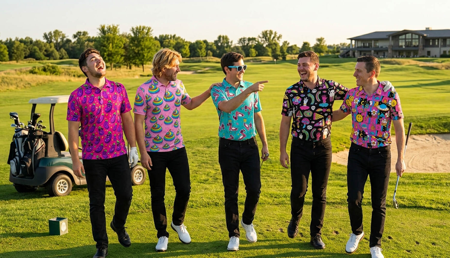 Five men in funky loud polo shirts walking on a golf course