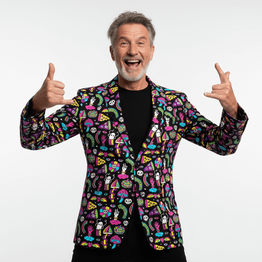 Man wearing the Shroom Blazer against a white background