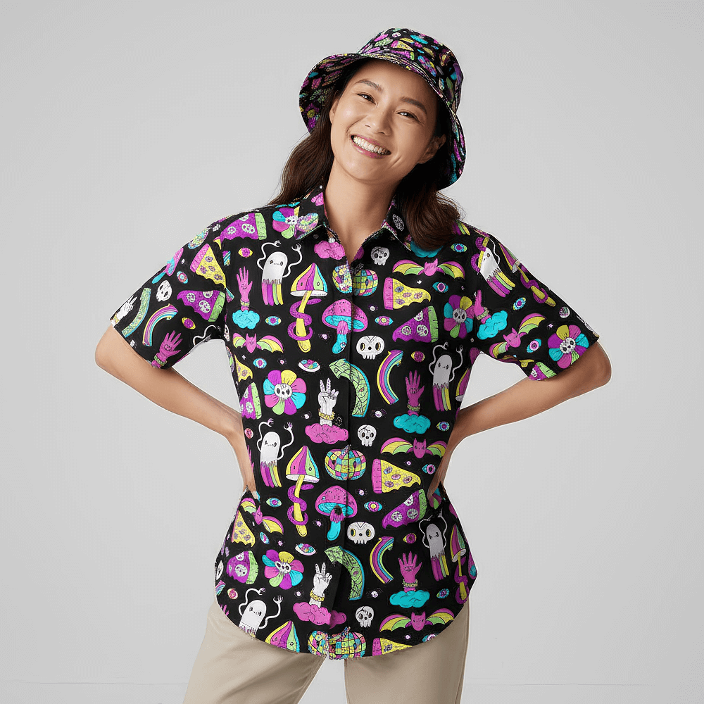 Woman wearing the Shroom Shirt and matching Shroom Bucket Hat on a grey background