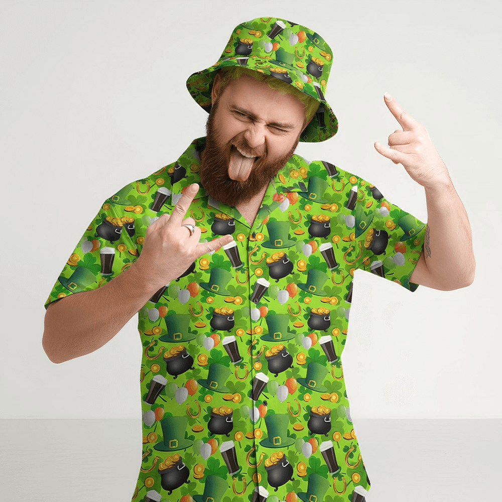 Man with green hair sticking his tongue out, wearing the St Patrick's Day Shirt and matching St Patrick's Day Bucket Hat