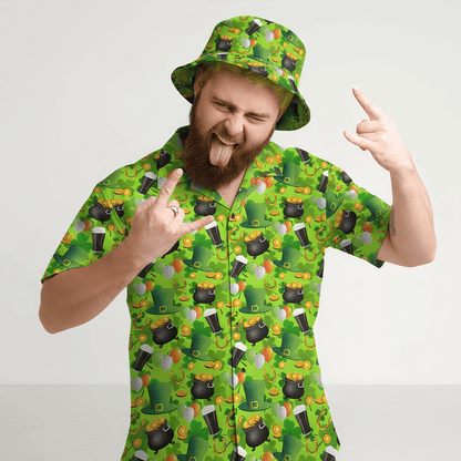 Man with green hair sticking his tongue out, wearing the St Patrick's Day Shirt and matching St Patrick's Day Bucket Hat