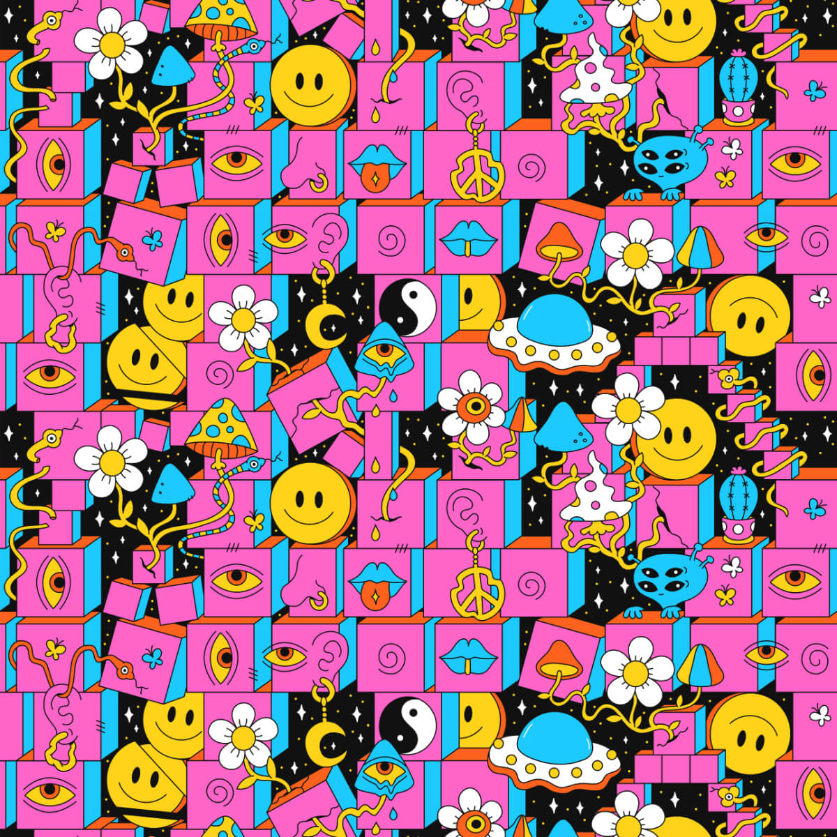 The Trippy Space Golf Polo Shirt features a vibrant pink and blue background with a psychedelic pattern of smiley faces, eyes, flowers, UFOs, peace signs, mushrooms, stars, and abstract shapes.