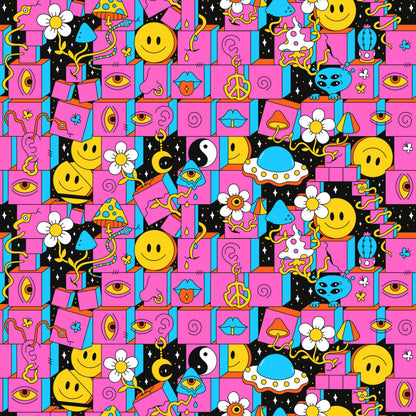 The Trippy Space Golf Polo Shirt features a vibrant pink and blue background with a psychedelic pattern of smiley faces, eyes, flowers, UFOs, peace signs, mushrooms, stars, and abstract shapes.