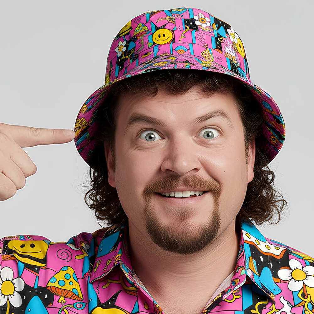 A smiling man with curly hair and a goatee excitedly points at his Trippy Space Bucket Hat, featuring vibrant smiley faces, mushrooms, and flowers—the perfect festival accessory for psychedelic fashion lovers.
