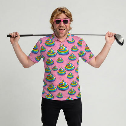 A man with blond hair wears pink sunglasses and The Turdy Birdie Golf Polo Shirt, covered in rainbow poop emojis, holding a golf club behind his shoulders and smiling against a plain background.