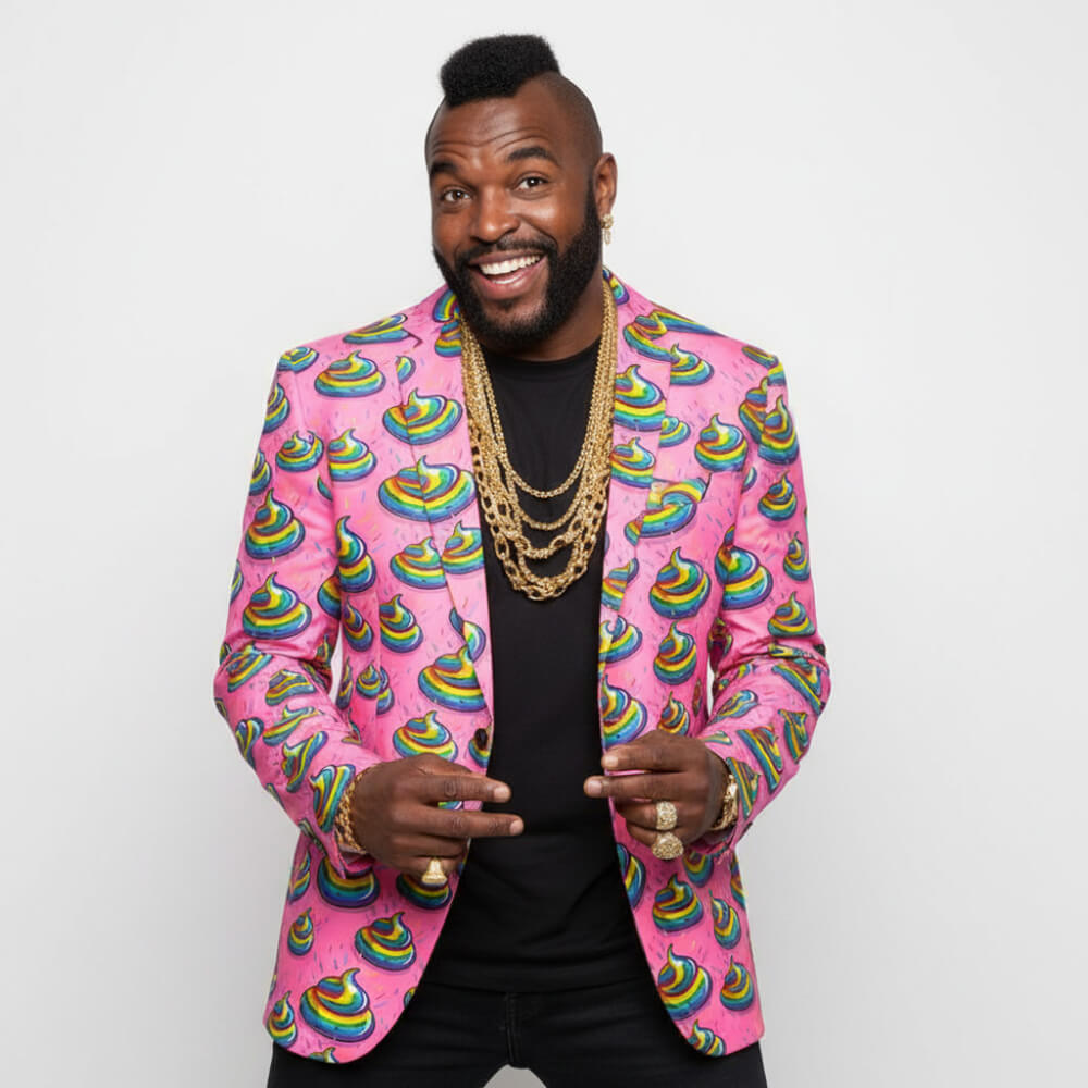 A man smiles and points, wearing the Unicorn Poo Blazer featuring a rainbow poop emoji pattern, layered gold chains, and a black shirt, standing against a plain white background.
