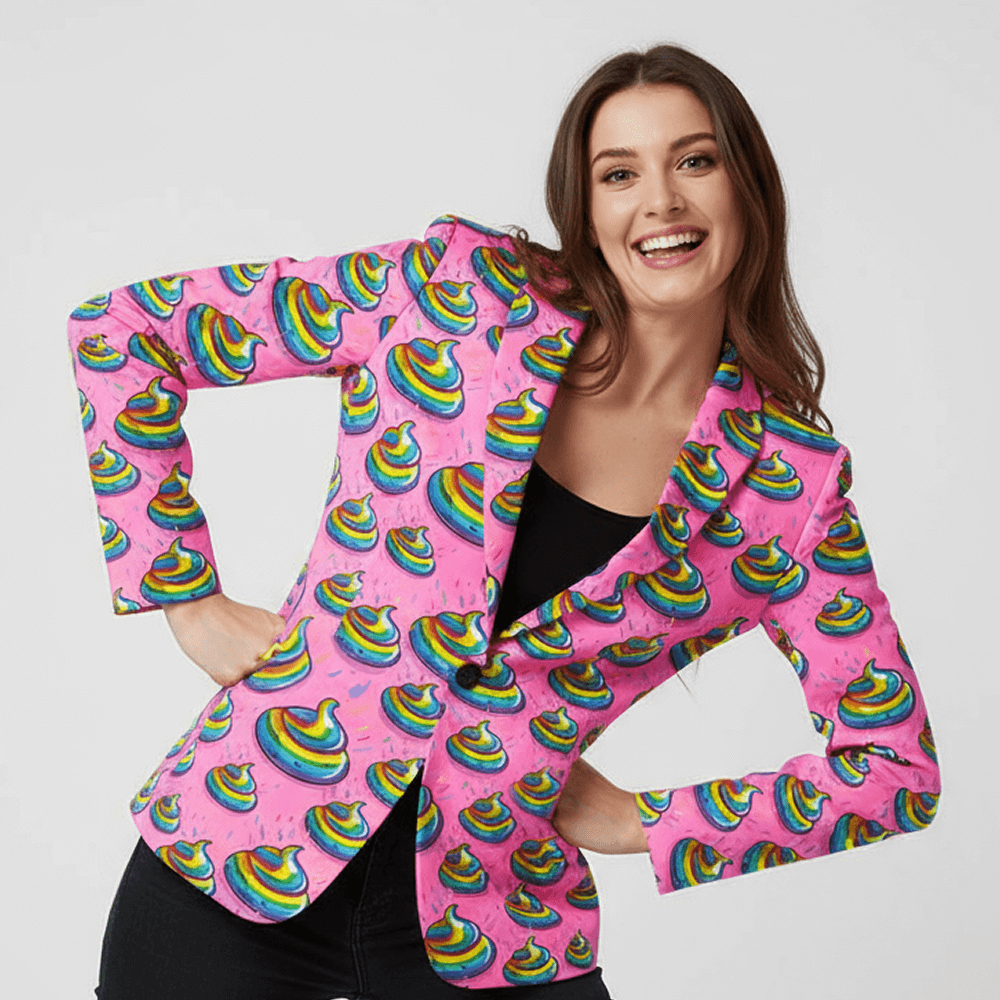 Woman wearing the Unicorn Poo Blazer on a white background