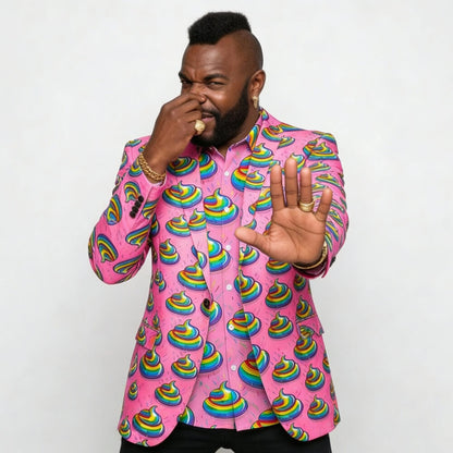 Wearing a Unicorn Poo Blazer covered in rainbow poop emojis, a man stands against a white background, holding his nose with one hand and reaching forward as if to block a bad smell.