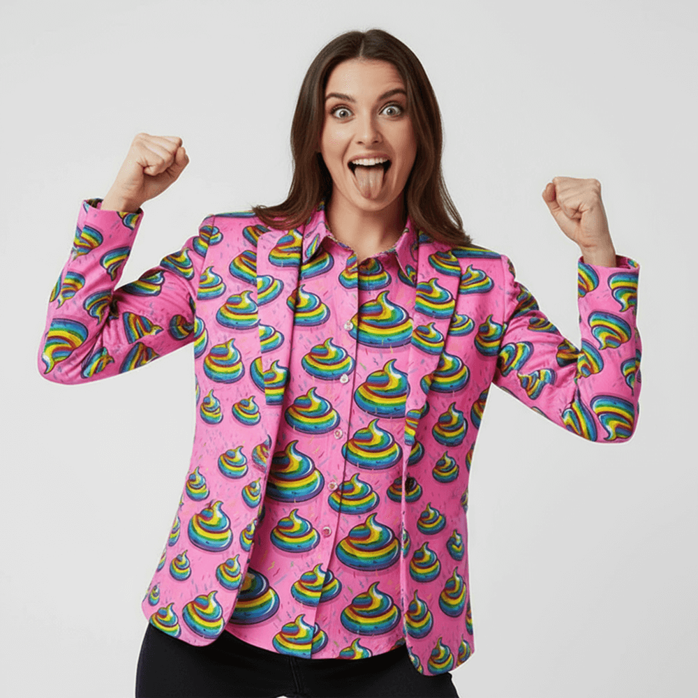 Woman wearing the Unicorn Poo Blazer and Shirt against a grey background 