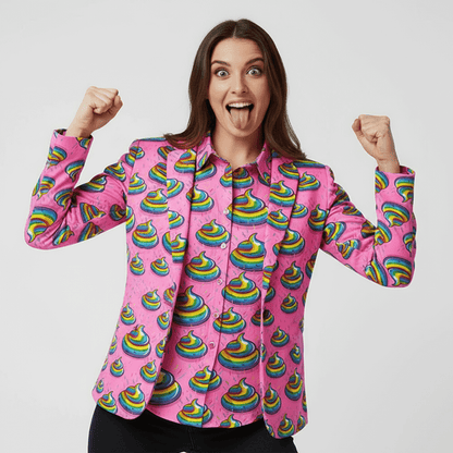 Woman wearing the Unicorn Poo Blazer and Shirt against a grey background 