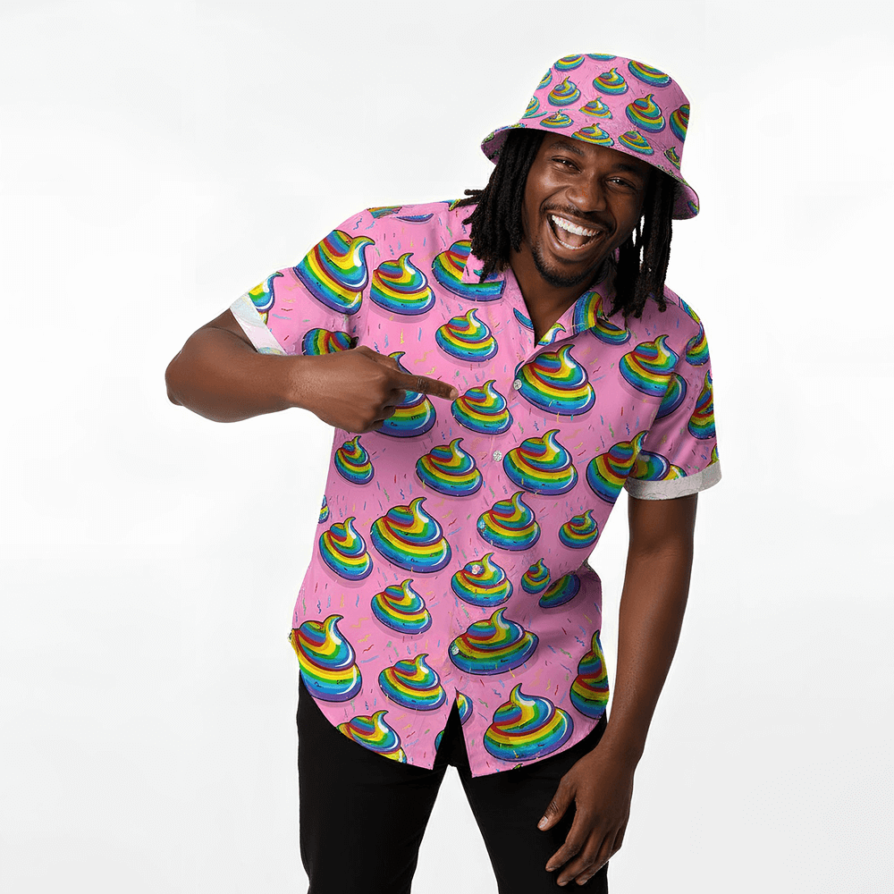 Man wearing the Unicorn Poo Shirt and matching Unicorn Poo Bucket Hat on a white background 