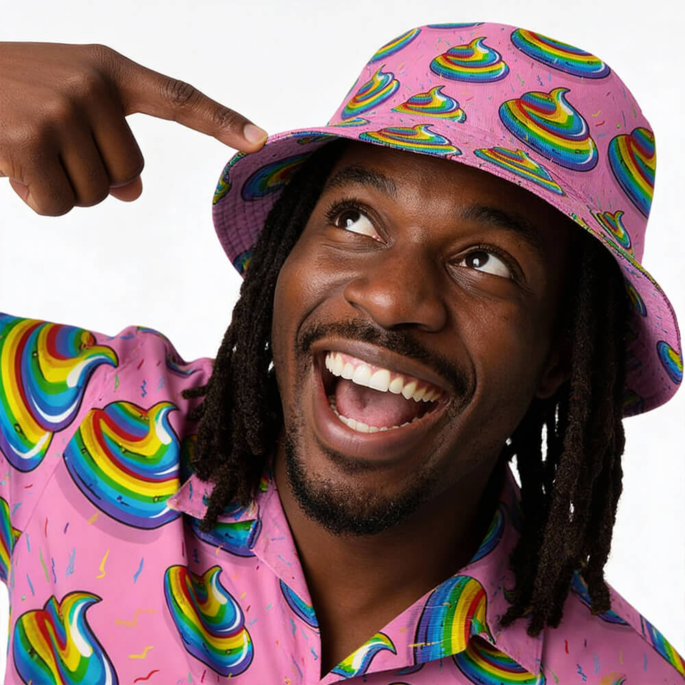 A long-haired, smiling man wears the Unicorn Poo Bucket Hat and matching rainbow swirl shirt, pointing at his colorful festival hat with excitement against a white background.
