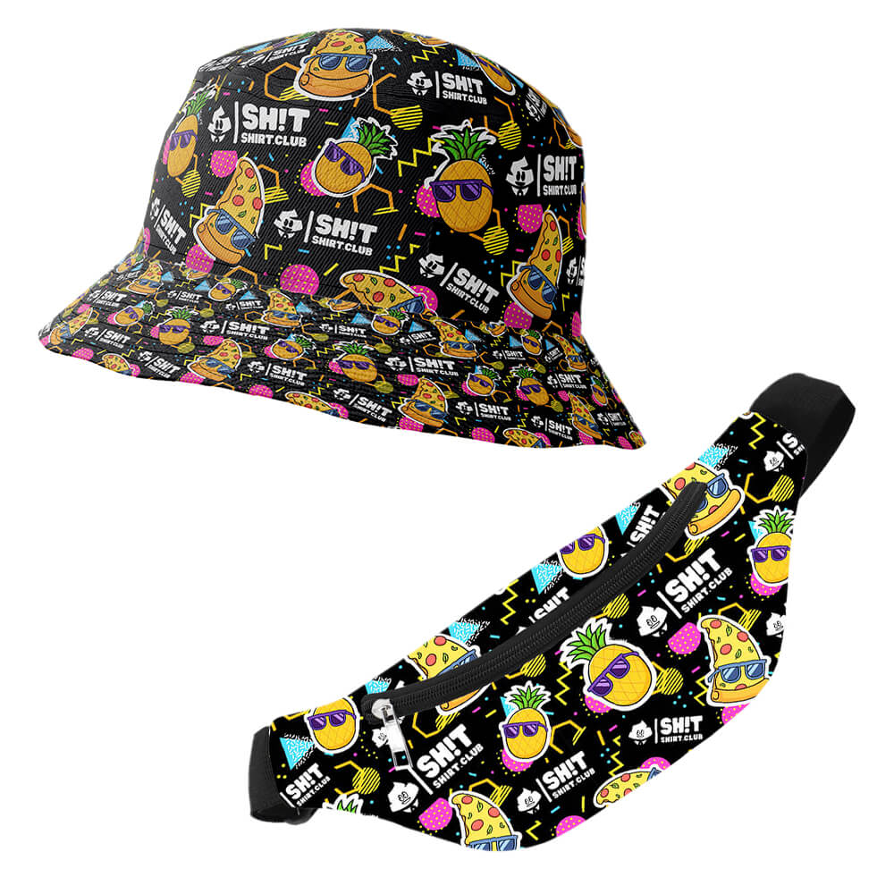 The Wanna Pizza This Bucket Hat features playful pizza slices, pineapples, sunglasses, and neon accents on a black background—perfect to pair with the matching fanny pack for a bold, colorful look.